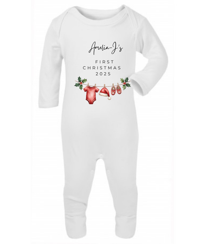 MY FIRST CHRISTMAS | Holly | Sleepsuit | Vest | Bib | Personalised | Baby’s 1st Christmas Outfit