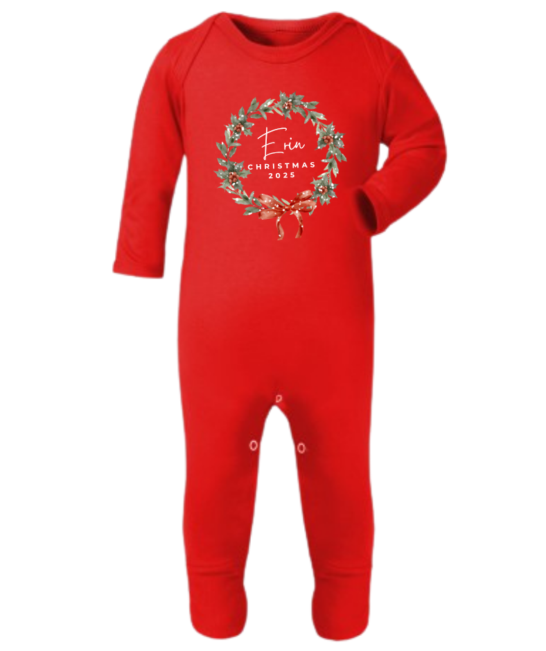 Christmas 2025 | Wreath Ribbon | Sleepsuit | Vest | Bib | Personalised | Baby’s 1st Christmas Outfit