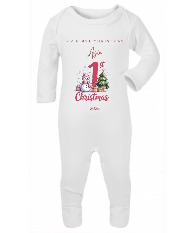 MY FIRST CHRISTMAS | Snowman | Sleepsuit | Vest | Bib | Personalised | Baby’s 1st Christmas Outfit
