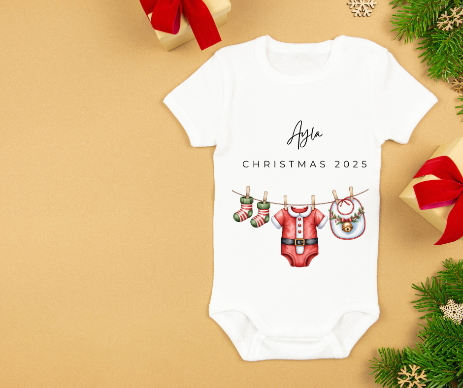 Christmas 2025 | Santa | Sleepsuit | Vest | Bib | Personalised | Baby’s 1st Christmas Outfit