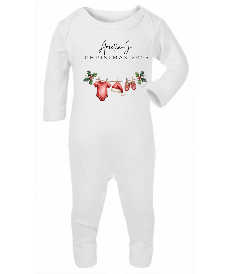 Christmas 2025 | Holly | Sleepsuit | Vest | Bib | Personalised | Baby’s 1st Christmas Outfit