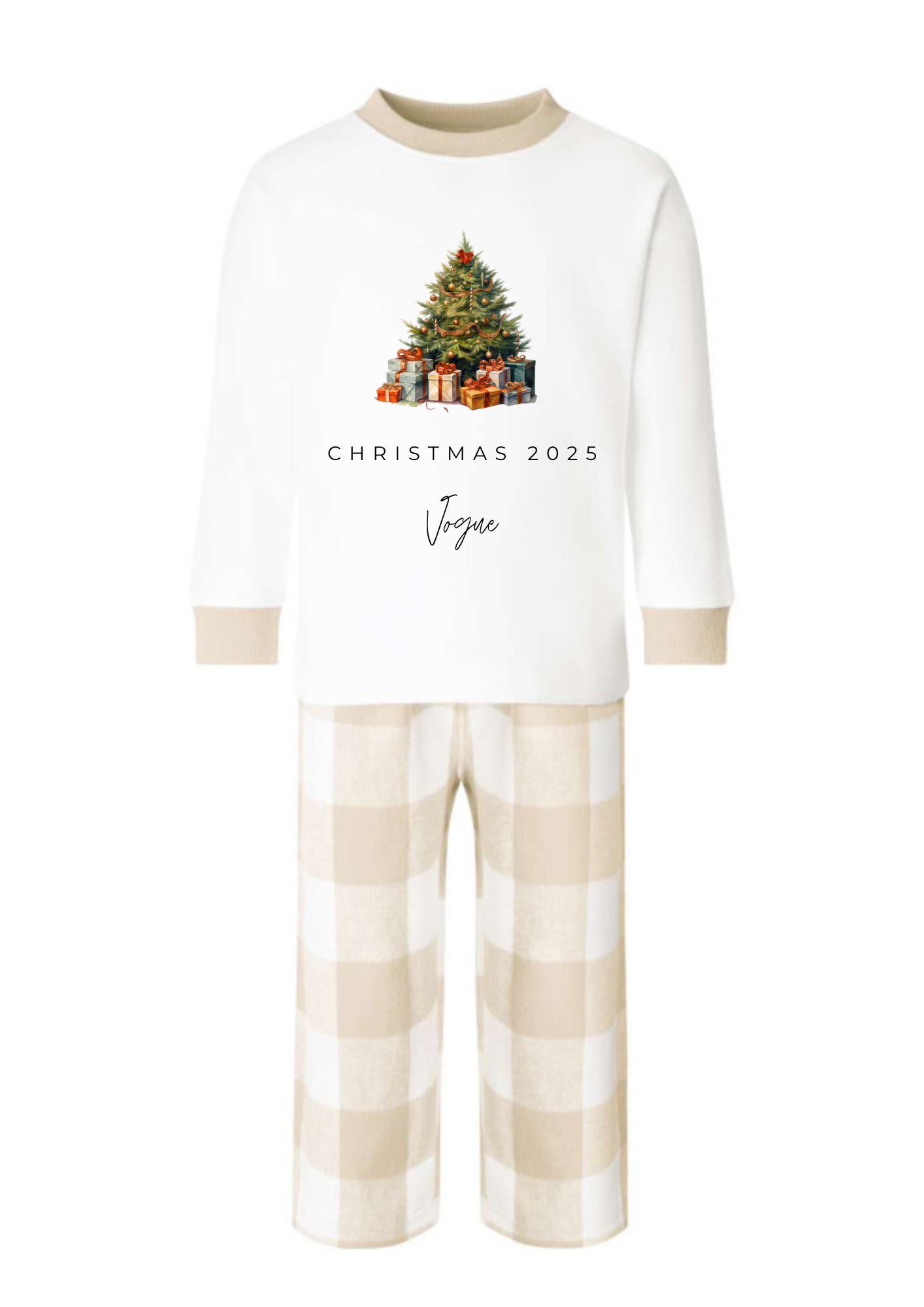 ✨ Beige & White Tartan Personalised Kids Christmas Pyjamas ✨
