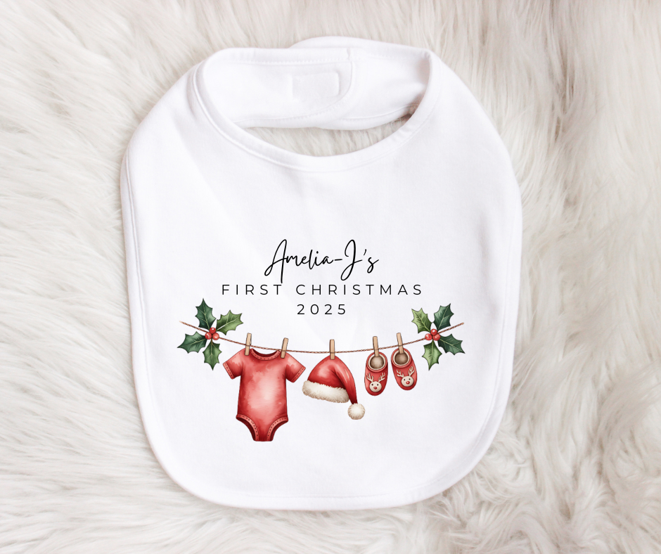 MY FIRST CHRISTMAS | Holly | Sleepsuit | Vest | Bib | Personalised | Baby’s 1st Christmas Outfit