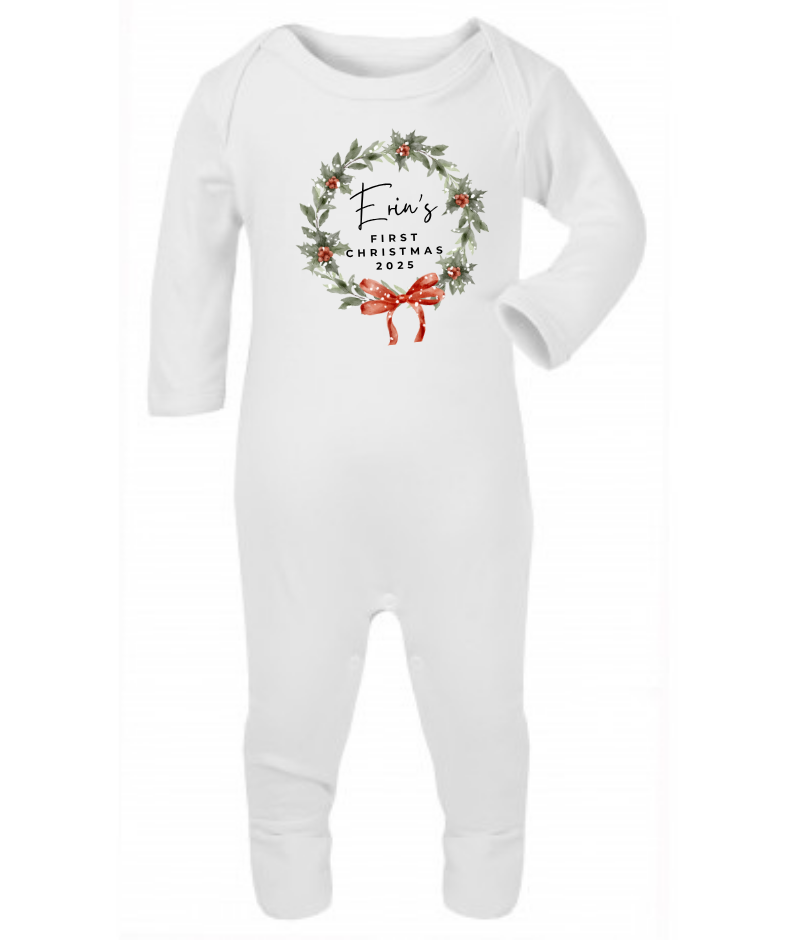 MY FIRST CHRISTMAS | Wreath Ribbon | Sleepsuit | Vest | Bib | Personalised | Baby’s 1st Christmas Outfit