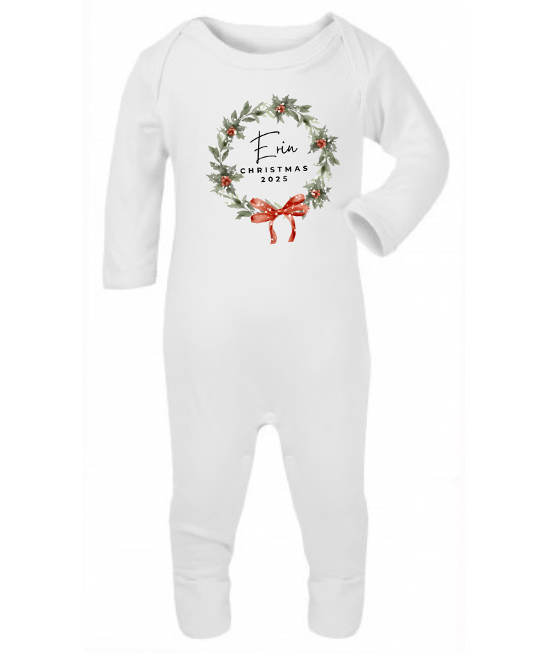 Christmas 2025 | Wreath Ribbon | Sleepsuit | Vest | Bib | Personalised | Baby’s 1st Christmas Outfit