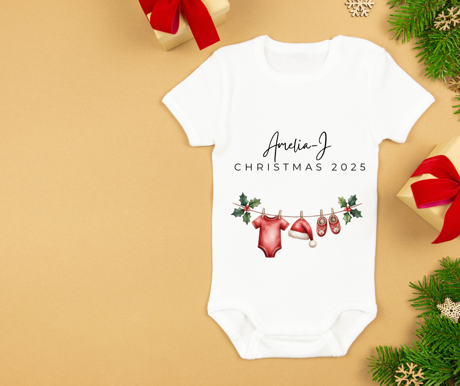 Christmas 2025 | Holly | Sleepsuit | Vest | Bib | Personalised | Baby’s 1st Christmas Outfit