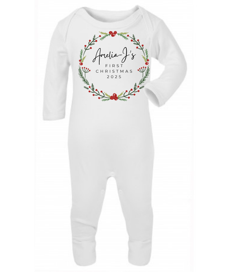 MY FIRST CHRISTMAS | Wreath | Sleepsuit | Vest | Bib | Personalised | Baby’s 1st Christmas Outfit