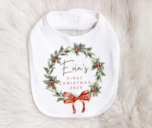 MY FIRST CHRISTMAS | Wreath Ribbon | Sleepsuit | Vest | Bib | Personalised | Baby’s 1st Christmas Outfit