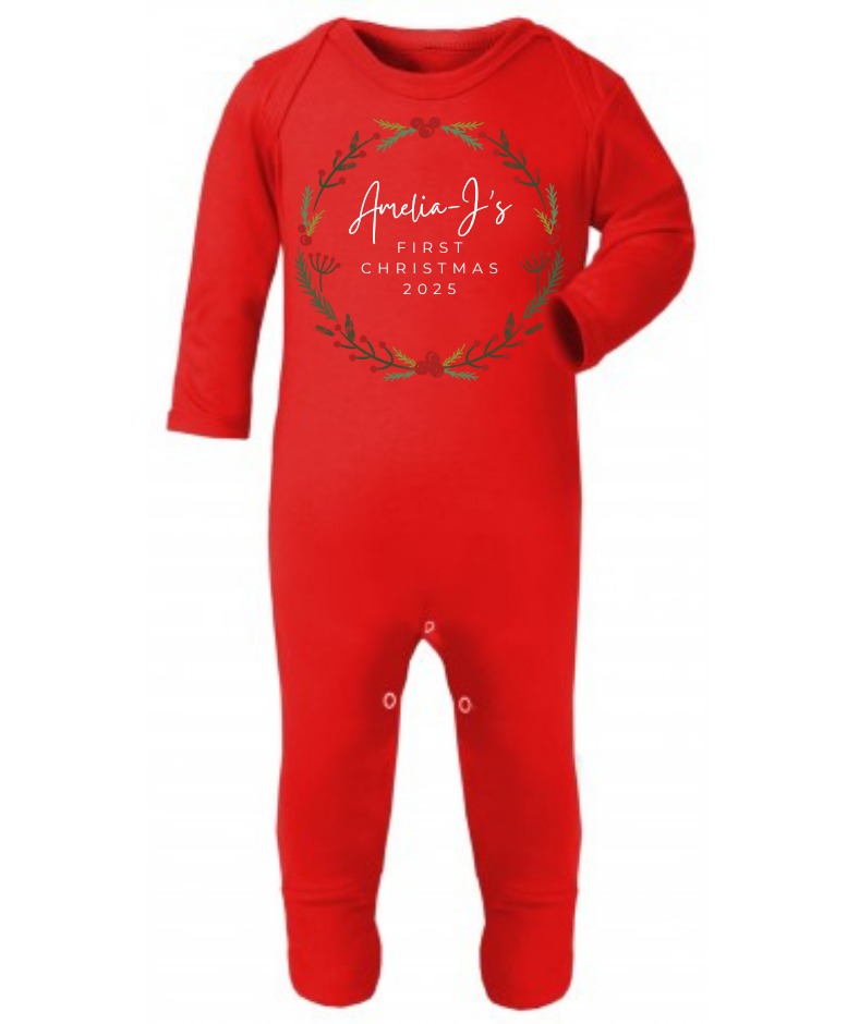 MY FIRST CHRISTMAS | Wreath | Sleepsuit | Vest | Bib | Personalised | Baby’s 1st Christmas Outfit