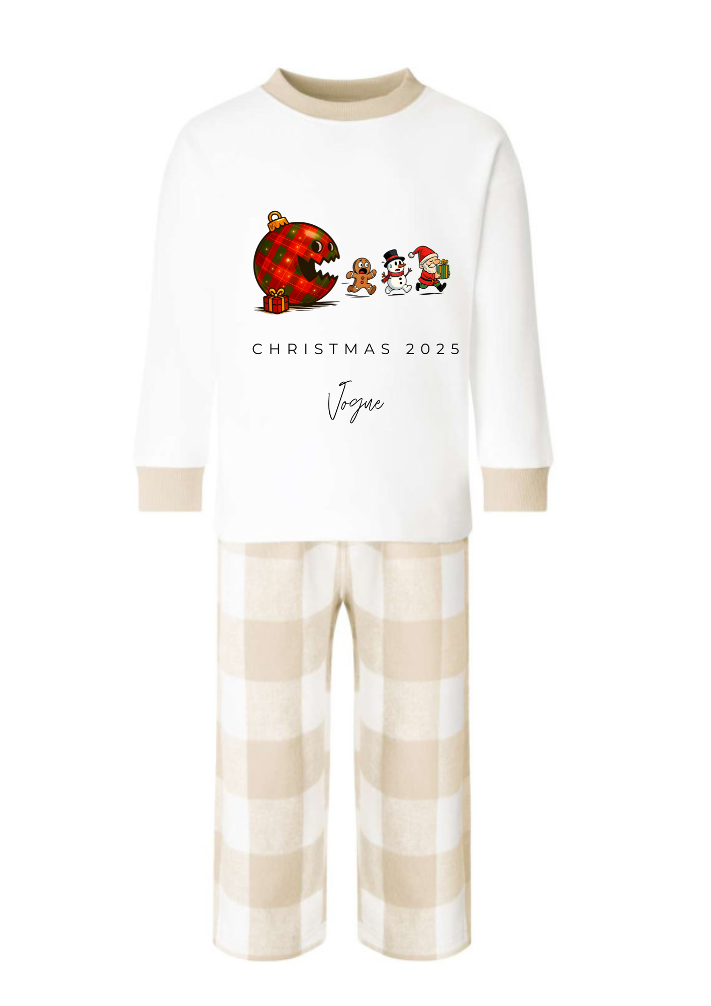 ✨ Beige & White Tartan Personalised Kids Christmas Pyjamas ✨