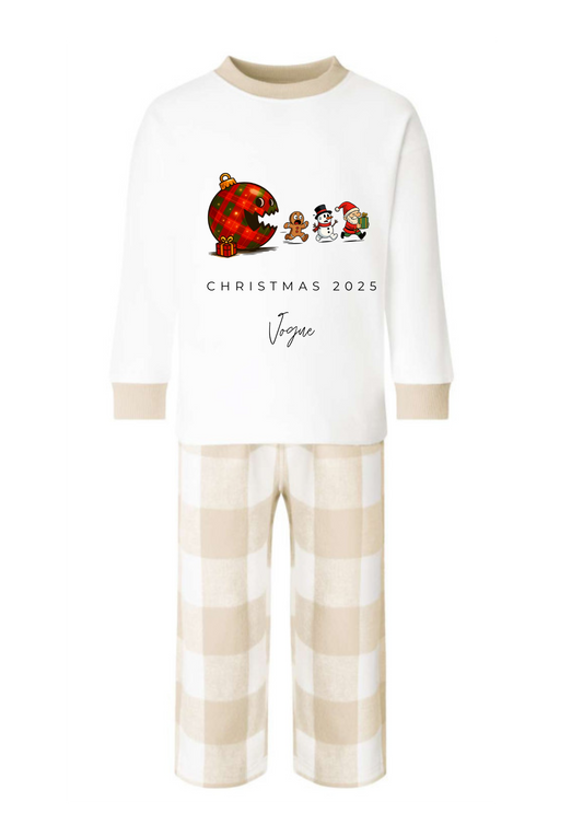 ✨ Beige & White Tartan Personalised Kids Christmas Pyjamas ✨