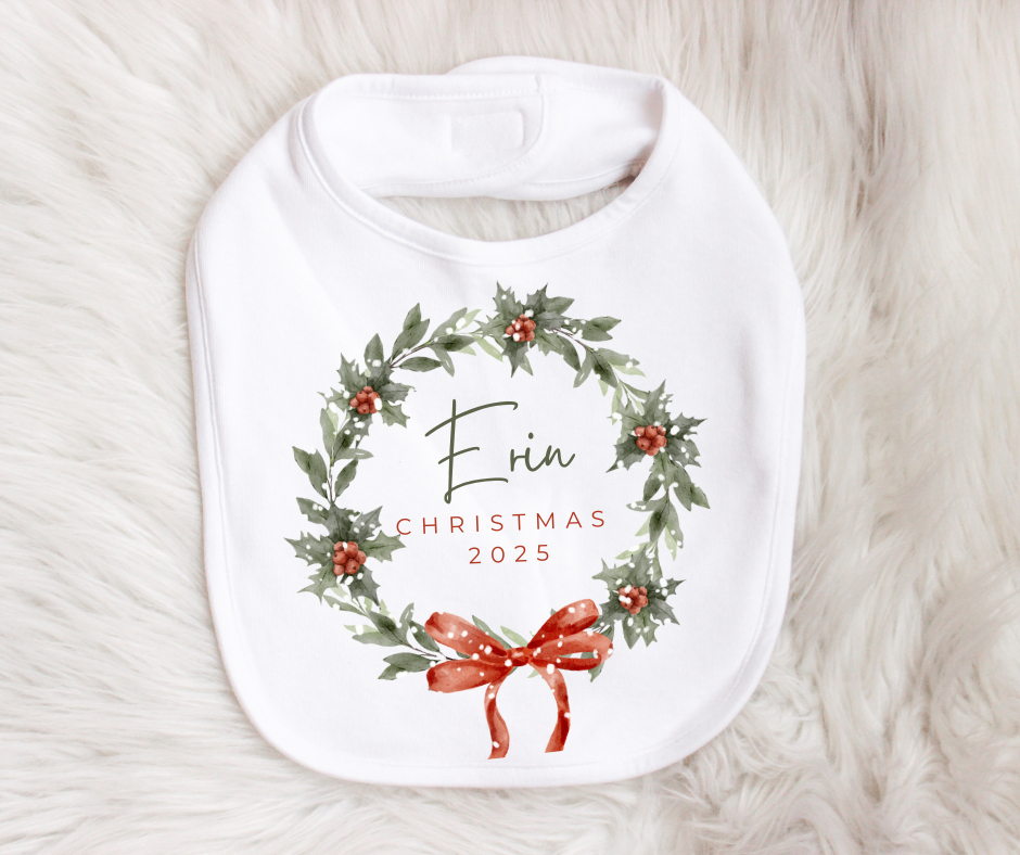Christmas 2025 | Wreath Ribbon | Sleepsuit | Vest | Bib | Personalised | Baby’s 1st Christmas Outfit
