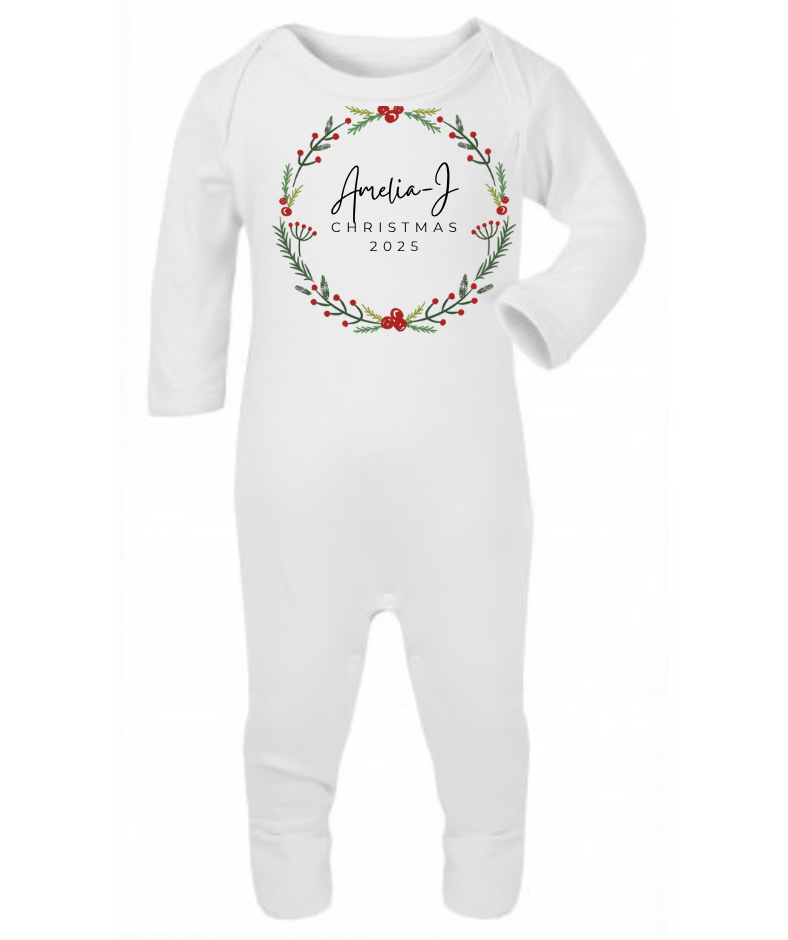 Christmas 2025 | Wreath | Sleepsuit | Vest | Bib | Personalised | Baby’s 1st Christmas Outfit