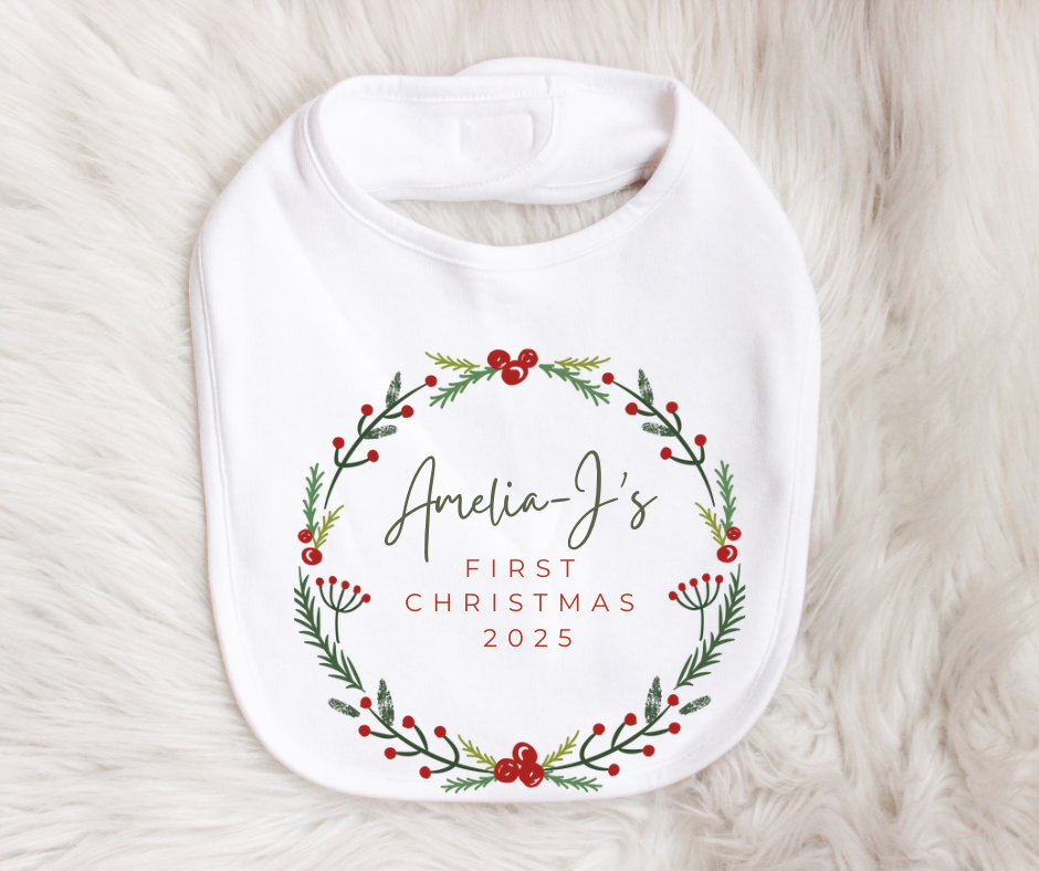MY FIRST CHRISTMAS | Wreath | Sleepsuit | Vest | Bib | Personalised | Baby’s 1st Christmas Outfit