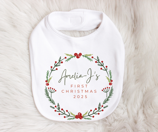 MY FIRST CHRISTMAS | Wreath | Sleepsuit | Vest | Bib | Personalised | Baby’s 1st Christmas Outfit