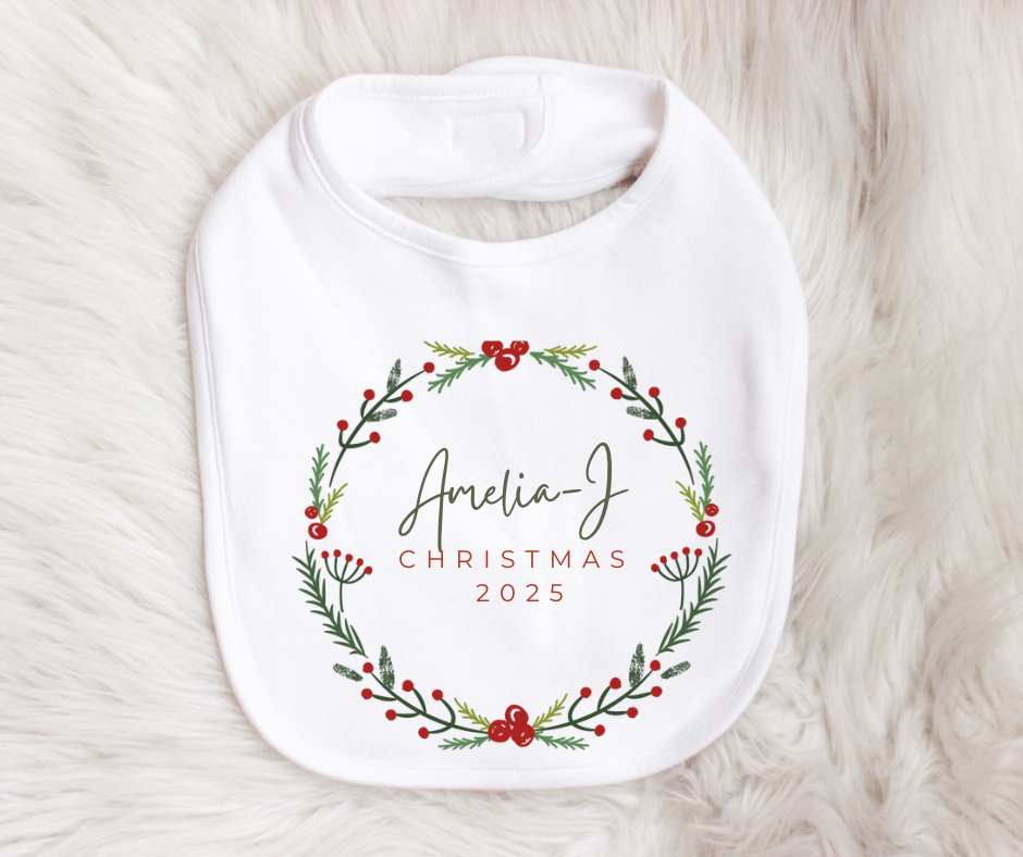 Christmas 2025 | Wreath | Sleepsuit | Vest | Bib | Personalised | Baby’s 1st Christmas Outfit
