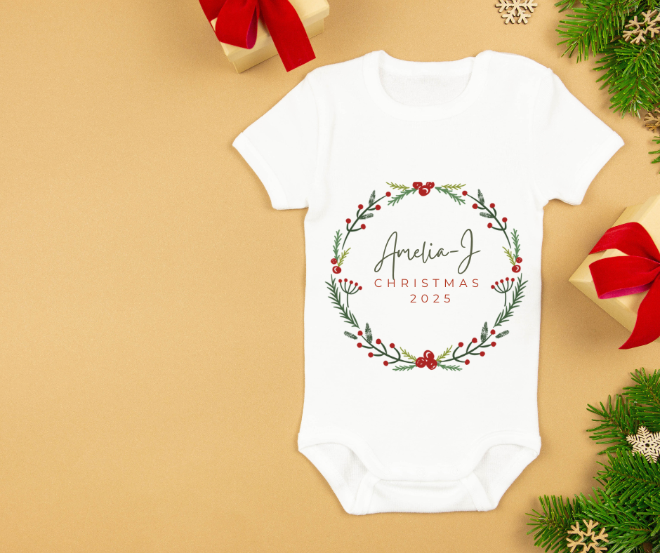 Christmas 2025 | Wreath | Sleepsuit | Vest | Bib | Personalised | Baby’s 1st Christmas Outfit