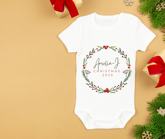 Christmas 2025 | Wreath | Sleepsuit | Vest | Bib | Personalised | Baby’s 1st Christmas Outfit