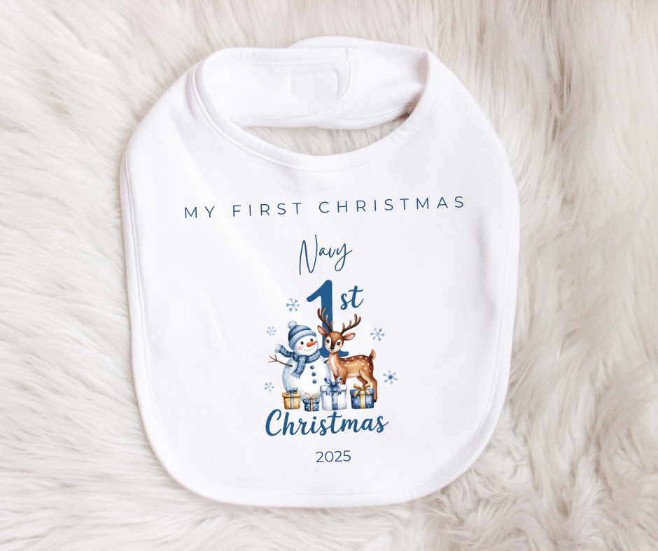 MY FIRST CHRISTMAS | Reindeer | Sleepsuit | Vest | Bib | Personalised | Baby’s 1st Christmas Outfit