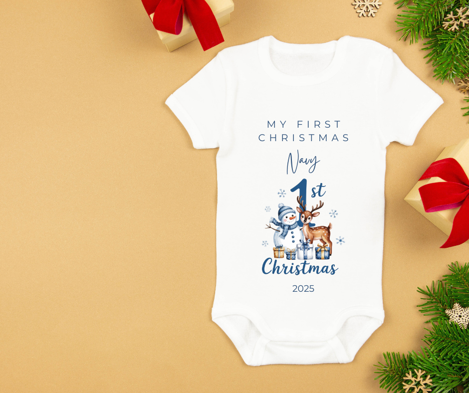MY FIRST CHRISTMAS | Reindeer | Sleepsuit | Vest | Bib | Personalised | Baby’s 1st Christmas Outfit