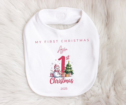MY FIRST CHRISTMAS | Snowman | Sleepsuit | Vest | Bib | Personalised | Baby’s 1st Christmas Outfit