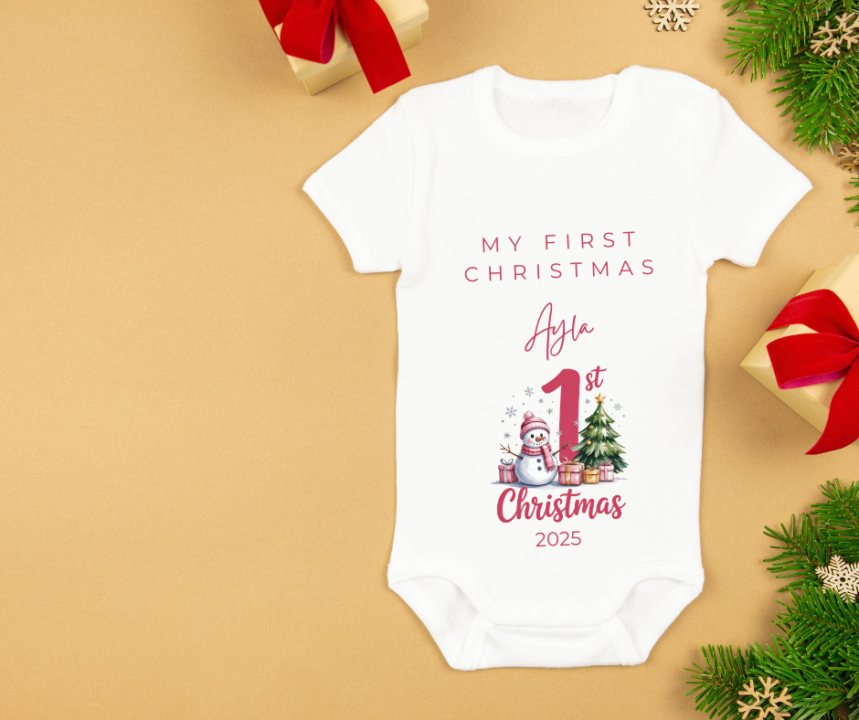 MY FIRST CHRISTMAS | Snowman | Sleepsuit | Vest | Bib | Personalised | Baby’s 1st Christmas Outfit
