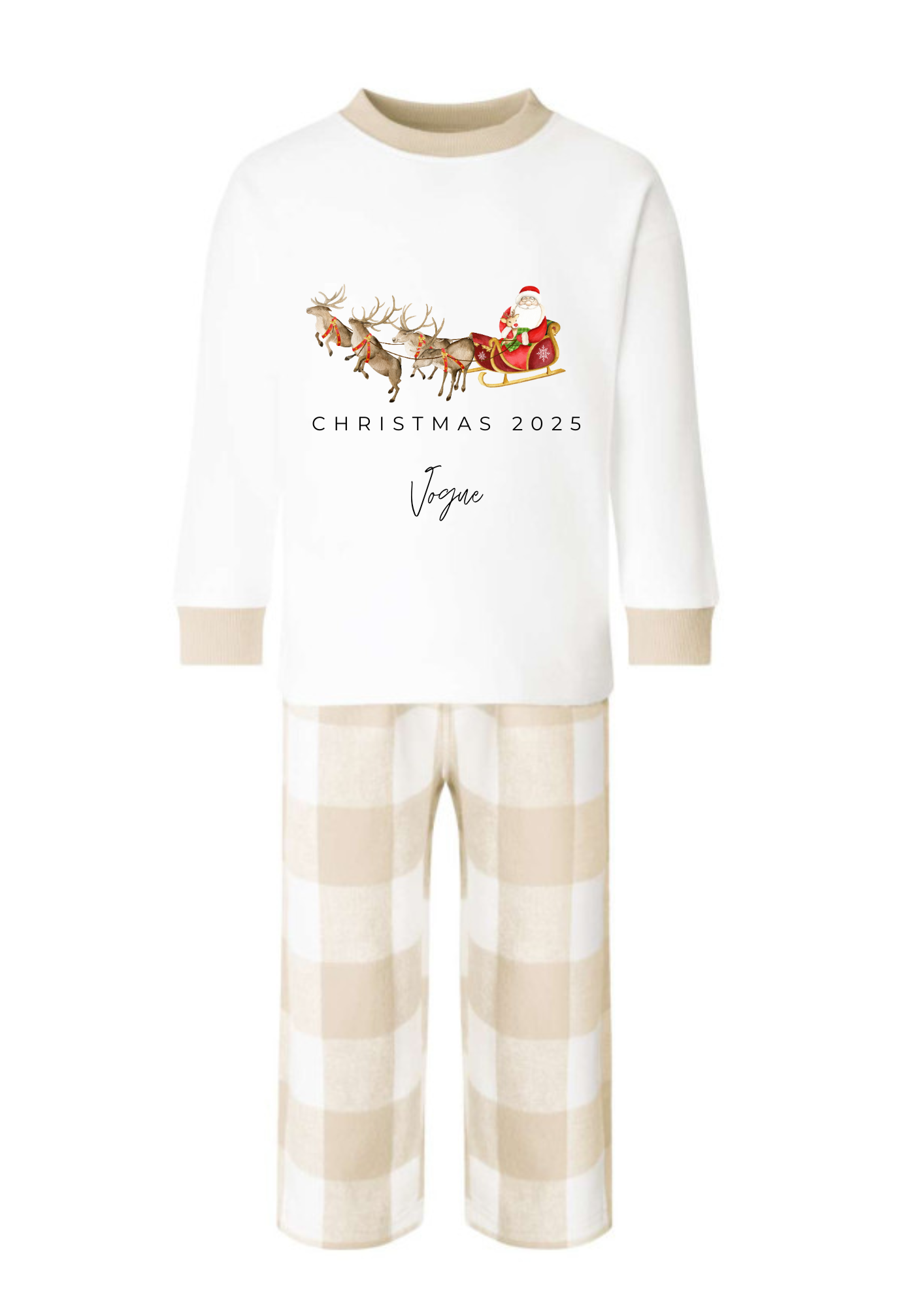 ✨ Beige & White Tartan Personalised Kids Christmas Pyjamas ✨