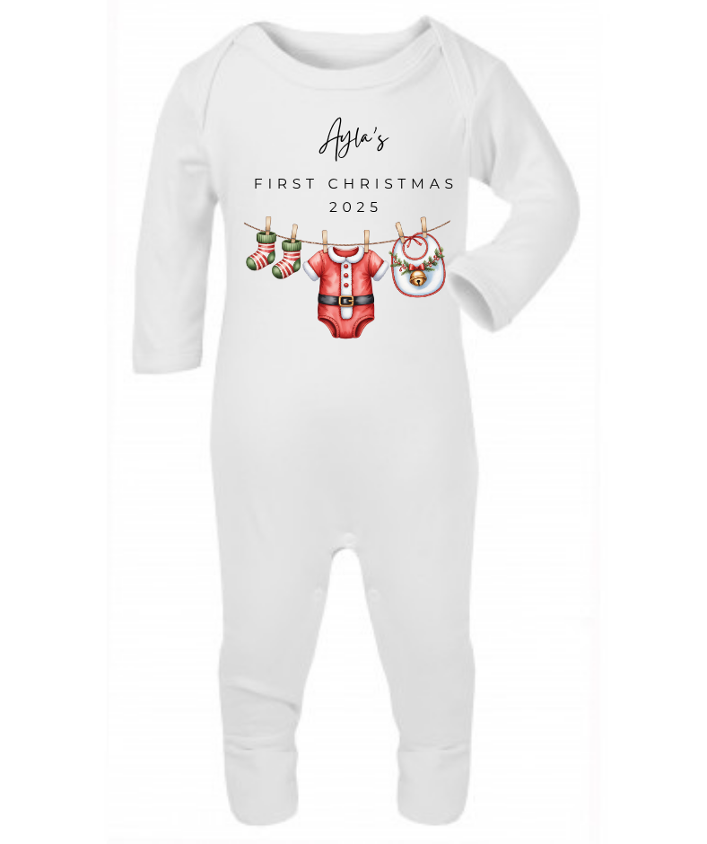 MY FIRST CHRISTMAS | Santa | Sleepsuit | Vest | Bib | Personalised | Baby’s 1st Christmas Outfit