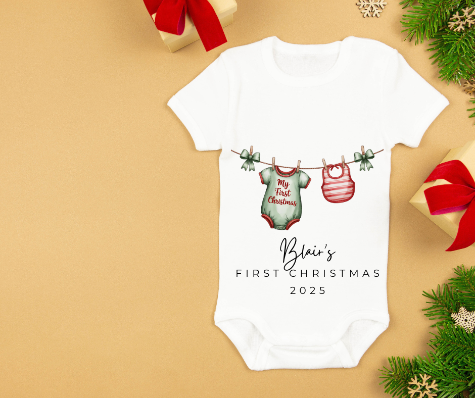 MY FIRST CHRISTMAS | Sleepsuit | Vest | Bib | Personalised | Baby’s 1st Christmas Outfit