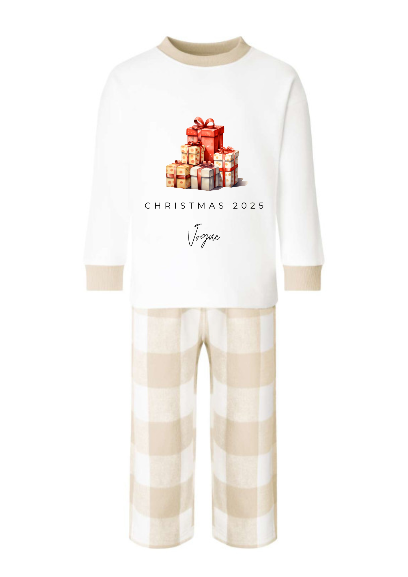 ✨ Beige & White Tartan Personalised Kids Christmas Pyjamas ✨